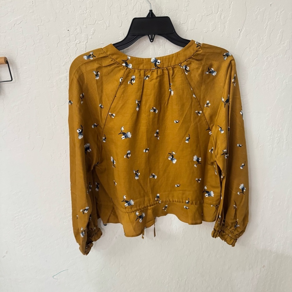 Outerknown Poet Blouse Mustard V Neck Button Waist Tie Floral Blouse S - Picture 2 of 7